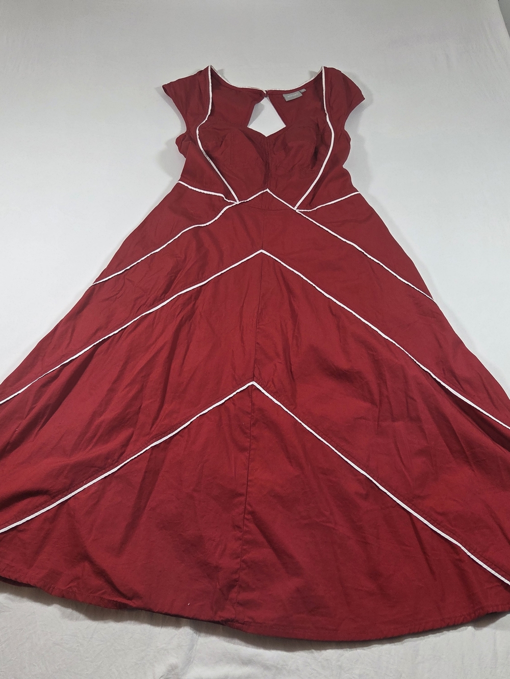 eshakti Red Cap-Sleeve Fit-and-Flare Midi Dress White Piping Tailored Look Party - Picture 10 of 16
